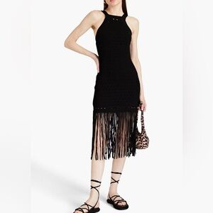 NWOT Sandro Susanne Black Fringe Stretch Knit High Neck Midi Dress SZ 36 US 4 S